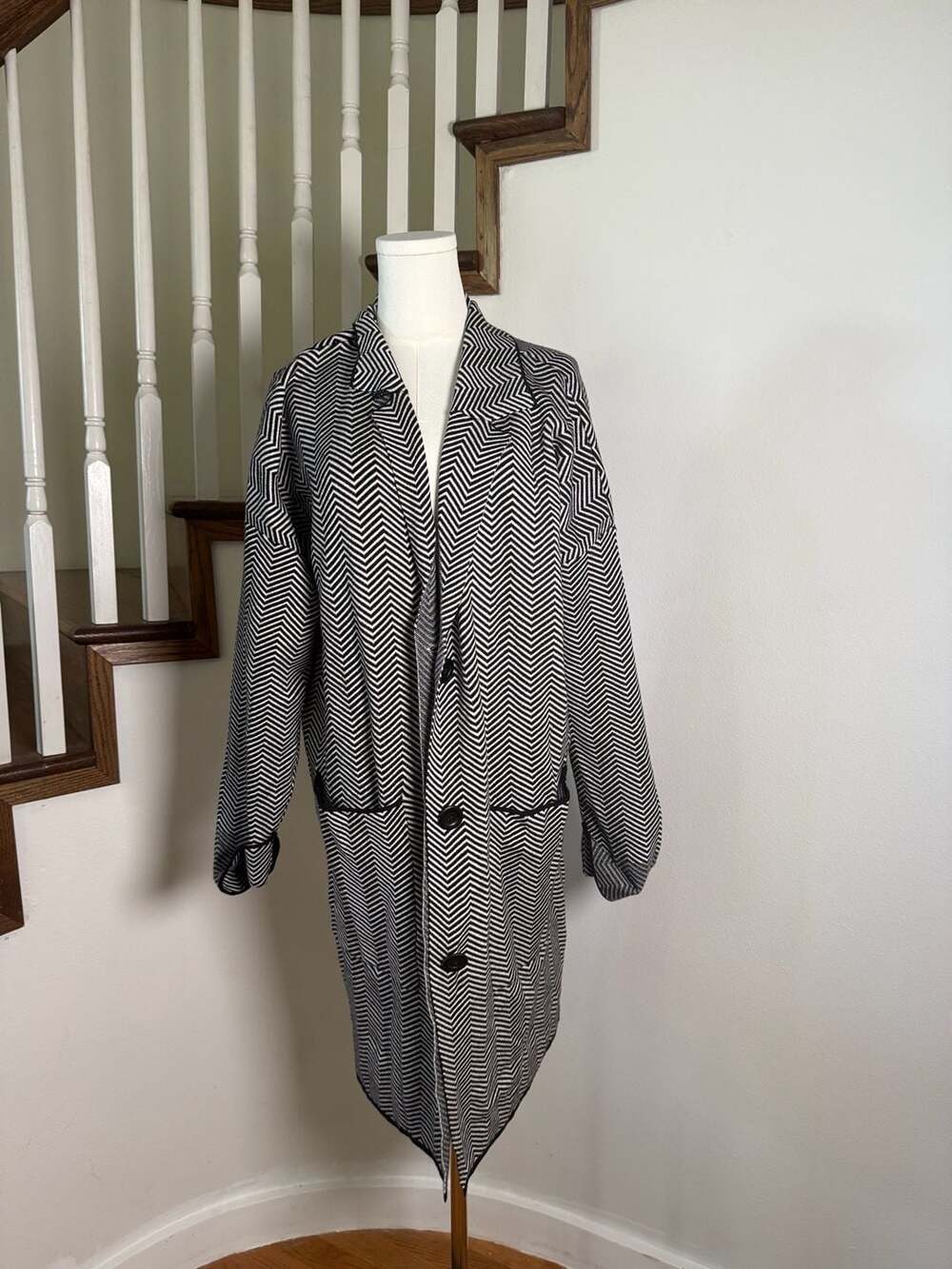 Nine West Chevron Knit Longline Cardigan Size XL Black White